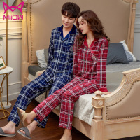 猫人秋冬长袖纯棉情侣睡衣时尚翻领开衫男女士全棉家居服套装