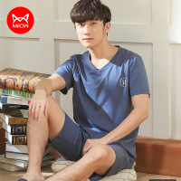 猫人睡衣男春夏季短袖莫代尔圆领宽松可外穿三件套