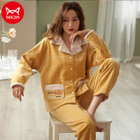 猫人睡衣女士秋冬季开衫长袖长裤加绒保暖复合绒家居服两件套装