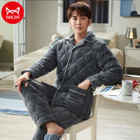 猫人睡衣男士秋冬季开衫长袖长裤加绒保暖夹棉款家居服两件套装