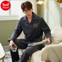 猫人睡衣男士秋冬季开衫长袖长裤加绒保暖复合绒家居服两件套装