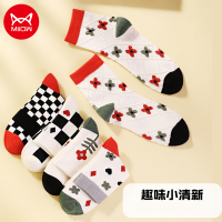 猫人女士5双装袜子棉质透气运动中筒袜ins潮薄款吸湿排汗日系长袜