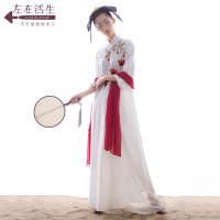 生活在左新款春夏 绣花棉麻旗袍连衣裙 中袖长裙子