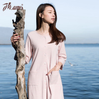 顶瓜瓜睡衣睡裙纯棉家居服家居裙套装纯棉条纹圆领对襟新款家居服