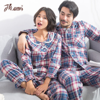 顶瓜瓜纯棉情侣家居服春秋格子印花空调服长袖套装男女士睡衣