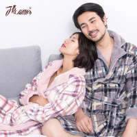 顶瓜瓜格子情侣浴袍 系带收腰大V领秋冬男女士睡袍 长款家居服