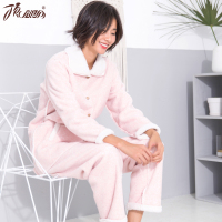 顶呱呱睡衣女秋冬加厚毛绒保暖家居服套装 情侣翻领双面绒可外穿