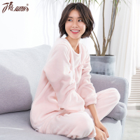 顶瓜瓜长袖女人睡衣套装 新品法兰绒可爱纯色套头女士家居服套装