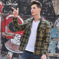 LLANNE英伦潮牌绿格子衬衫男长袖磨毛休闲修身加厚法兰绒条绒衬衣