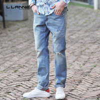 LLANEN牛仔裤男宽松直筒破洞牛子裤男士青年浅蓝色水洗休闲长裤潮