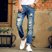 LLANNE牛仔裤男直筒修身破洞裤子男士春季青年乞丐修身小脚长裤潮