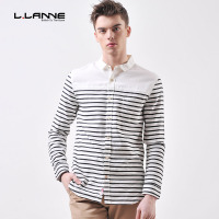 LLANNE衬衫男长袖修身拼接条纹棉麻寸衫男士休闲亚麻衬衣英伦潮牌