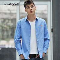 LLANNE衬衫男长袖修身春季青年衬衣男士休闲蓝色牛津纺方领寸衫潮
