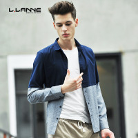 LLANNE衬衫男青年长袖修身春季潮流英伦男士拼接衬衣纯棉休闲寸衫