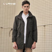 llanne/拉朗尼 撞色袖口多口袋半高领风衣男士中长款纯色外套