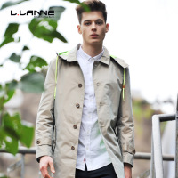 LLANNE英伦潮牌纯色欧美防风衣 卡其色连帽中长款修身风衣外套男