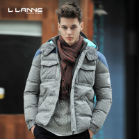 LLANNE时尚英伦潮牌连帽带帽外套拼接迷彩撞色加厚短款羽绒服男