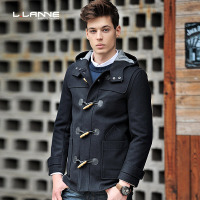 LLANNE毛呢大衣男中长款青年冬季呢子大衣男士连帽牛角扣妮子外套