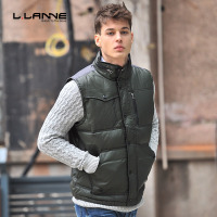 LLANNE秋季男士英伦风立领带帽背心皮制无袖菱格马甲棉衣潮男潮流
