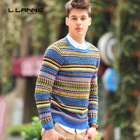 LLANNE英伦春季圆领套头彩条纹羊毛衫拼接撞色提花毛衣潮男毛线衣
