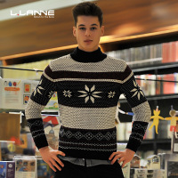 LLANNE英伦潮牌圆领可翻高领套头羊毛衫男藏青色波点撞色提花毛衣