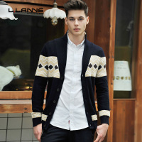 LLANNE英伦潮牌藏青色纯羊毛开衫男细毛线衣翻领拼接撞色潮男毛衣