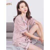 顶瓜瓜短袖睡衣女夏季两件套 韩版小翻领休闲条纹短裤家居服套装