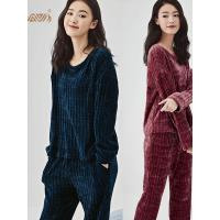 顶瓜瓜睡衣女冬长袖纯色坑条套头简约女士秋冬季家居服套装可外穿