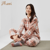 睡衣女秋冬法兰绒顶呱呱格子娃娃领可外穿加厚保暖宽松家居服套装