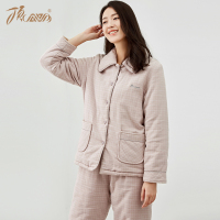 顶瓜瓜睡衣女冬长袖纯棉加厚夹袄宽松简约格子冬季女士家居服套装