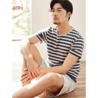 顶瓜瓜睡衣男纯棉夏季新款条纹短袖宽松舒适全棉休闲家居服套装