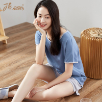 睡衣夏纯棉薄款纯色套装全棉圆领清新空意女式短袖家居套装顶瓜瓜