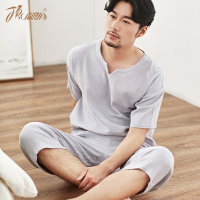 睡衣男夏 纯棉薄款日式双层纱布v领 顶瓜瓜夏净男式短袖家居套装
