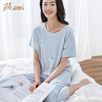 顶瓜瓜睡衣女棉质印花短袖系带中裤梦璃花女式家居套装两色可选
