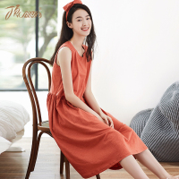 无袖睡裙女夏 中长款韩版简约纯色褶皱纯棉恋夏女式家居裙顶瓜瓜