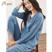 顶瓜瓜睡衣女春秋长袖长裤开襟套装茵韵女式聚酯纤维薄款家居套装