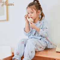 女童睡衣春秋纯棉薄款7分袖中大童小孩可爱花边领公主家居服套装
