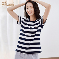 顶瓜瓜短袖睡衣女条纹短袖短裤印花棉质夏套装家居服宽松套头睡衣