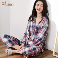 顶瓜瓜 春秋新品睡衣格子长袖开襟长裤家居服套装薄款休闲睡衣