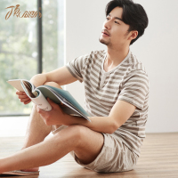 顶瓜瓜家居服男条纹V领时尚商务短袖套装寻迹男式套头短裤家居服