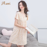 睡裙女 短袖韩版纯棉大码V领性感中长裙彩棉印花女士家居裙顶瓜瓜