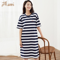 顶瓜瓜短袖睡裙中长款棉质条纹睡裙薄款透气宽松大码套头女士睡衣