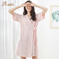 顶瓜瓜浴袍女夏纯棉小印花韩版短袖睡衣性感系带斜襟女士睡袍单件