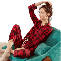 顶瓜瓜秋冬新品纯棉磨毛舒适红色格子长袖长裤套装女家居套装圣诞