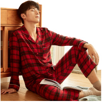顶瓜瓜秋冬新品男士纯棉磨毛红色格子家居服套装长袖长裤圣诞款男
