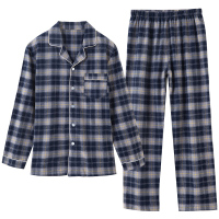 顶瓜瓜睡衣男秋冬纯棉家居服套装 休闲宽松格纹开襟小翻领两件套