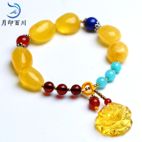 月印百川 琥珀蜜蜡手串随形多宝手链 女款 配蜜蜡葫芦/扇形/玫瑰花挂坠 附送证书