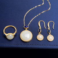 印象眸 金镶和田玉套装 古法金镶嵌白玉圆珠女款项链戒指耳环套装