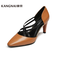 康奈女鞋 秋季拼色尖头套脚细跟单鞋女时尚优雅百搭高跟鞋15384003