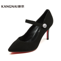 康奈女鞋 秋季羊反绒纯色套脚尖头细跟浅口单鞋女气质优雅通勤高跟鞋1277908